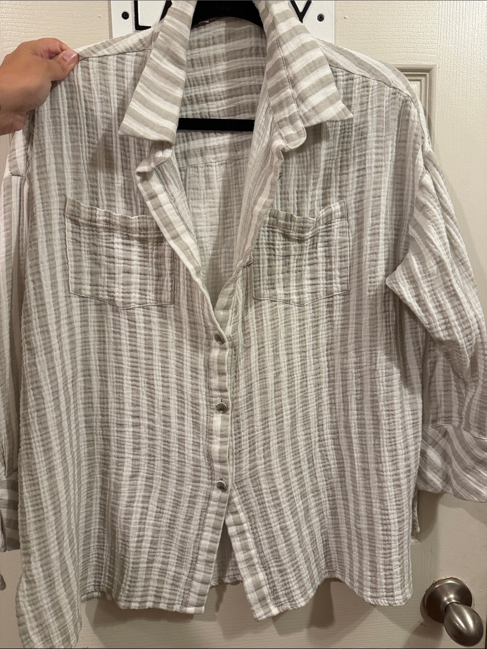 Pink Lily Beige and White Striped Button Down Shirt